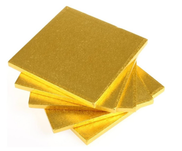 10" (5 pack) square gold cake boards / drums